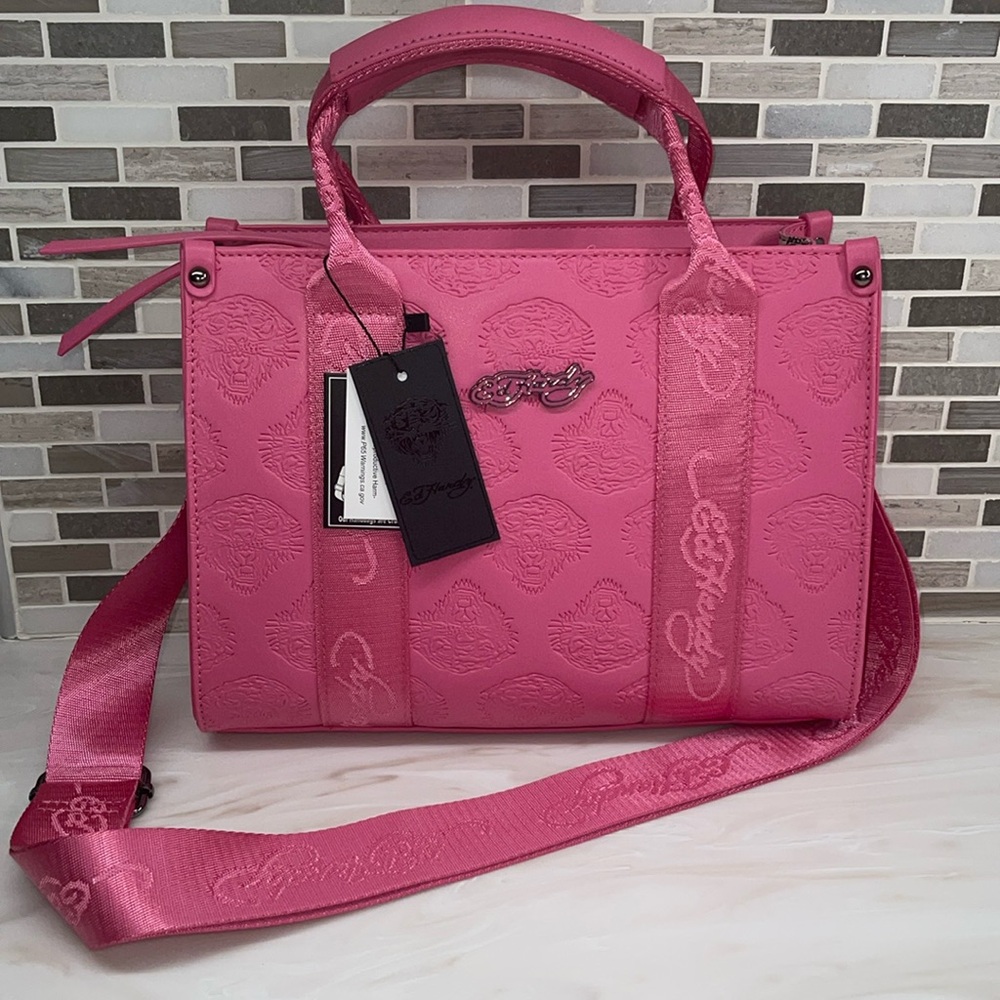 ✨️💕 NEW Ed Hardy Pink Vegan Leather Tote Tiger Embossed Crossbody Satche